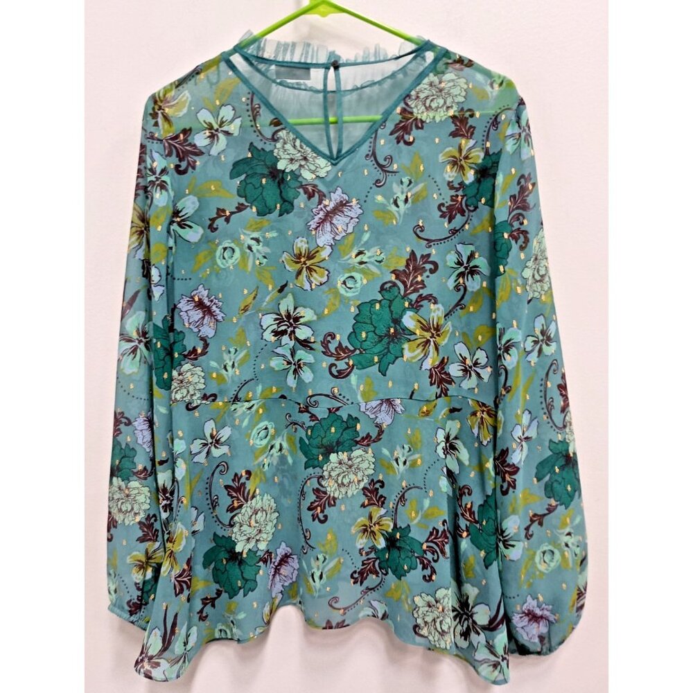 LOGO Lori Goldstein‎ Womens Fairy BOHO Top XS Teal Floral Sheer Asymmetric